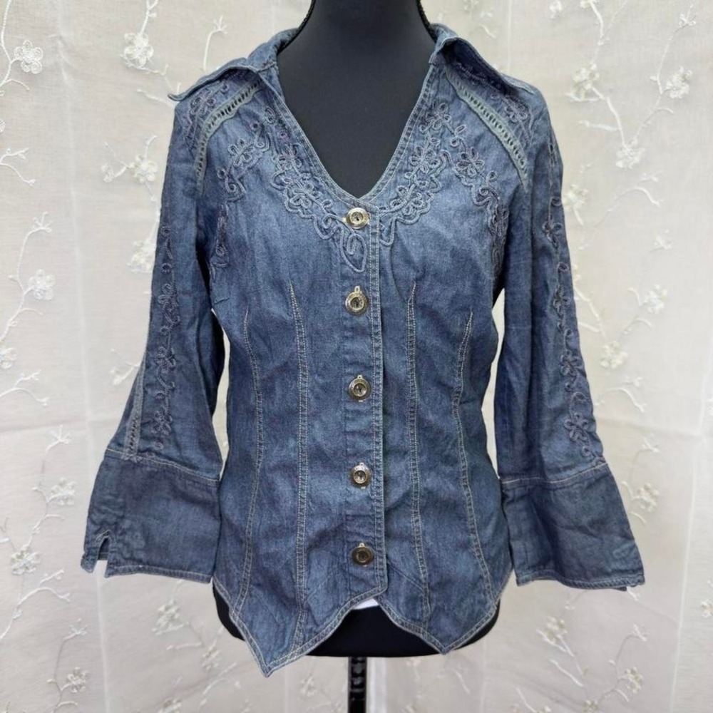 Boho embroidered denim corset blouse bell sleeve artisan western-Gretty Zueger - Picture 2 of 8